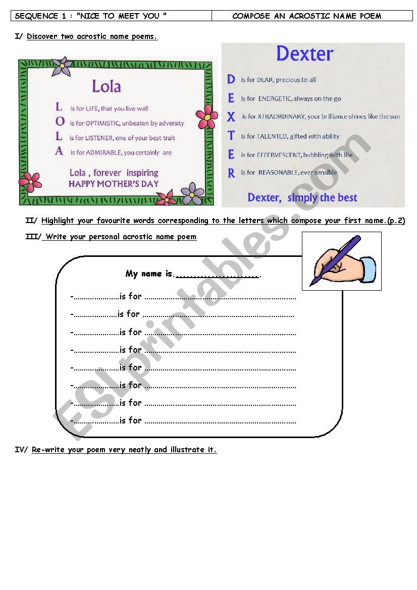 Acrostic Name Poem Esl Worksheet By Dogcatfish