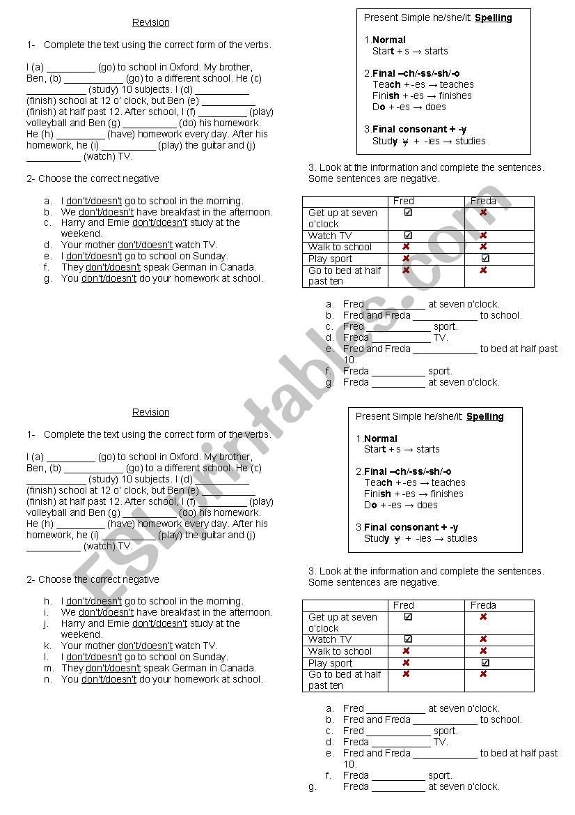 Revision of Presen Simple worksheet