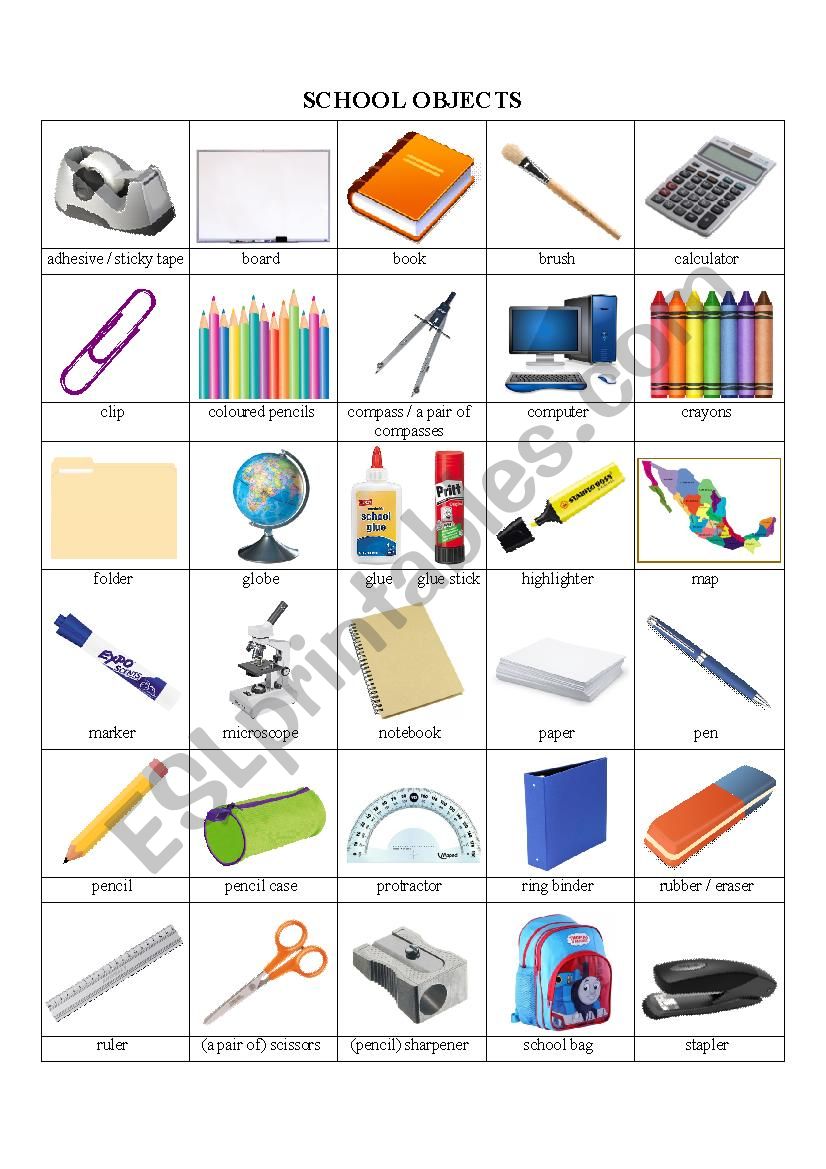 School objects worksheet