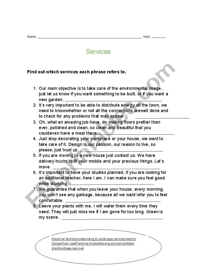 Services worksheet