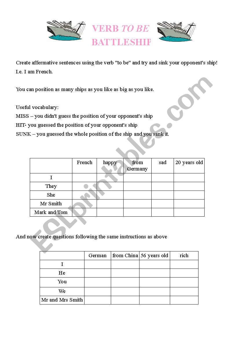 Battleship - verb to be worksheet