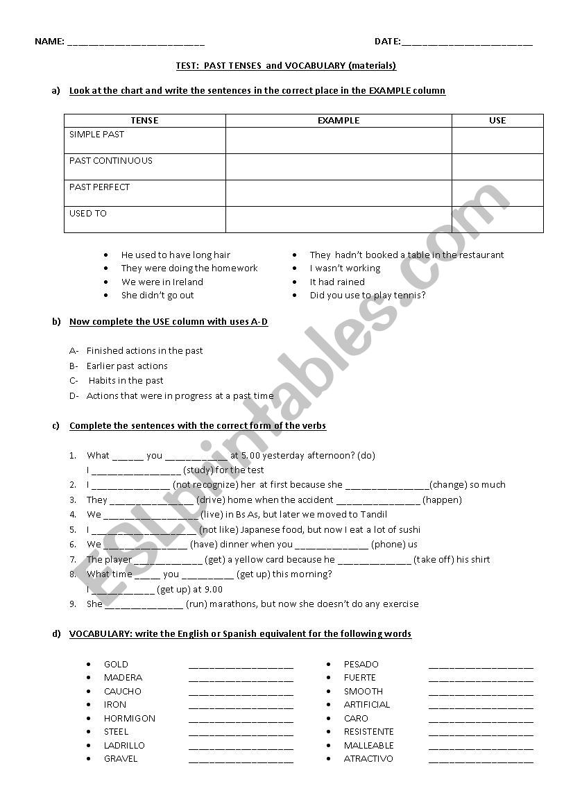 test past tenses worksheet