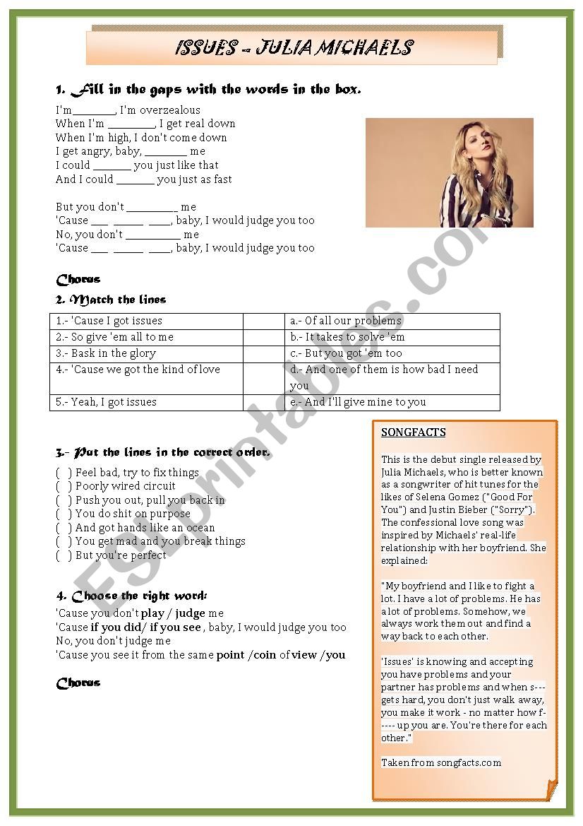 Issues by Julia Michaels worksheet