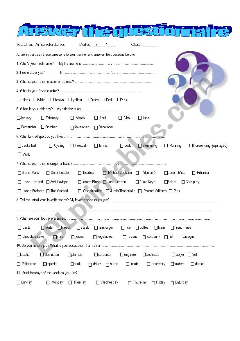 answer the questionnaire worksheet