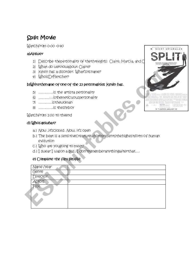 Split- movie worksheet