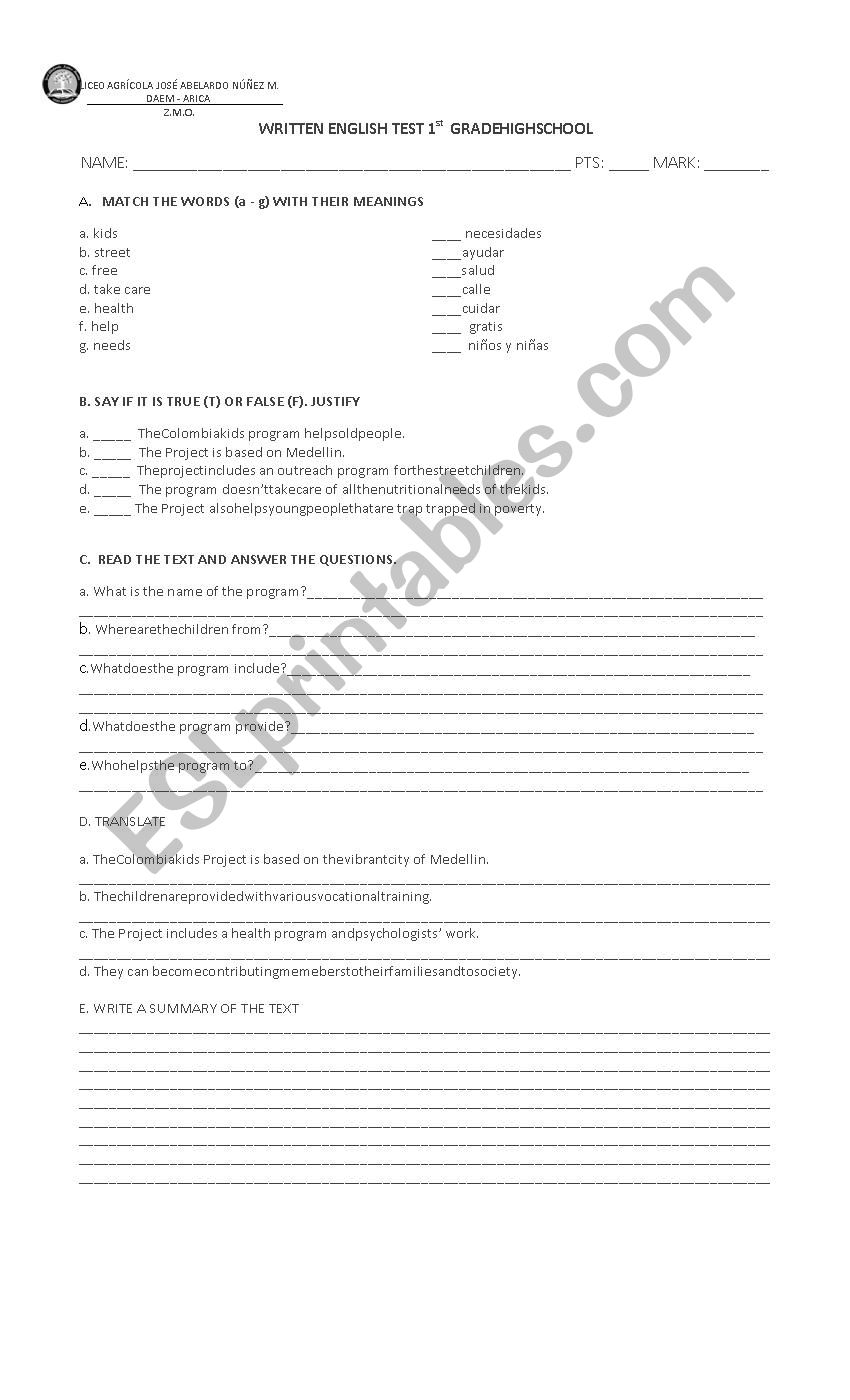 Colombia kids worksheet