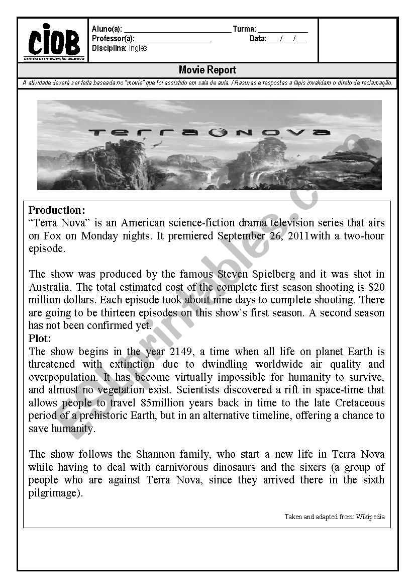 Movie report - Terra Nova worksheet