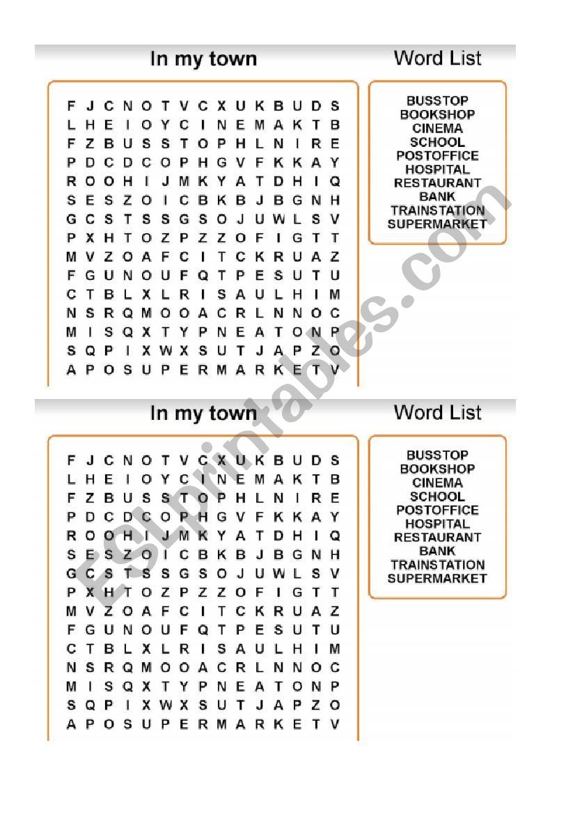 In my town - Wordsearch  worksheet