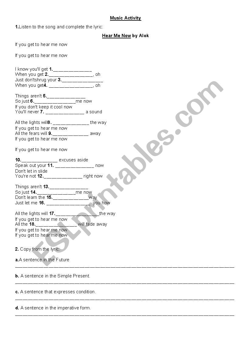 Song by Alok - Hear me now worksheet