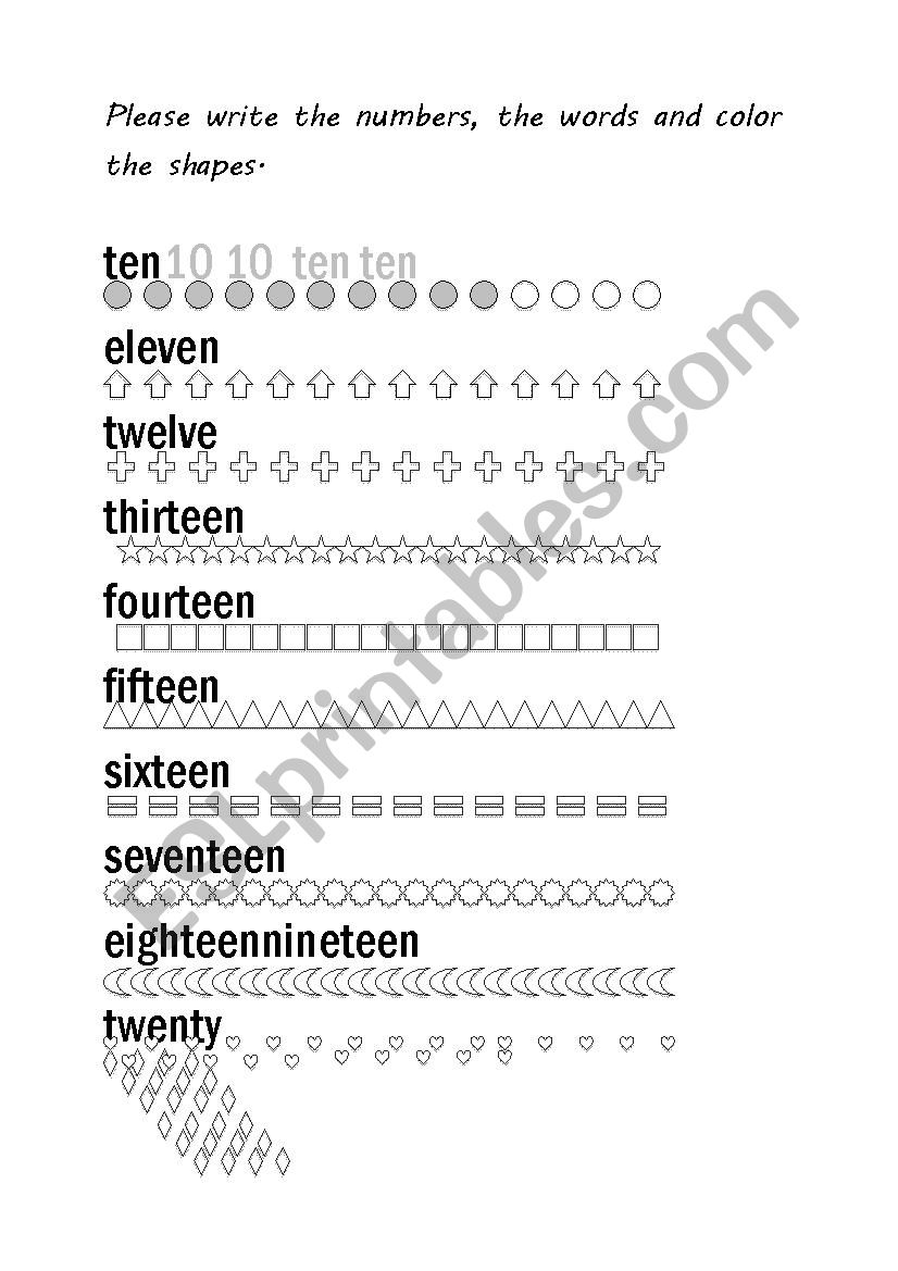 Writing numbers 10-20 with coloring