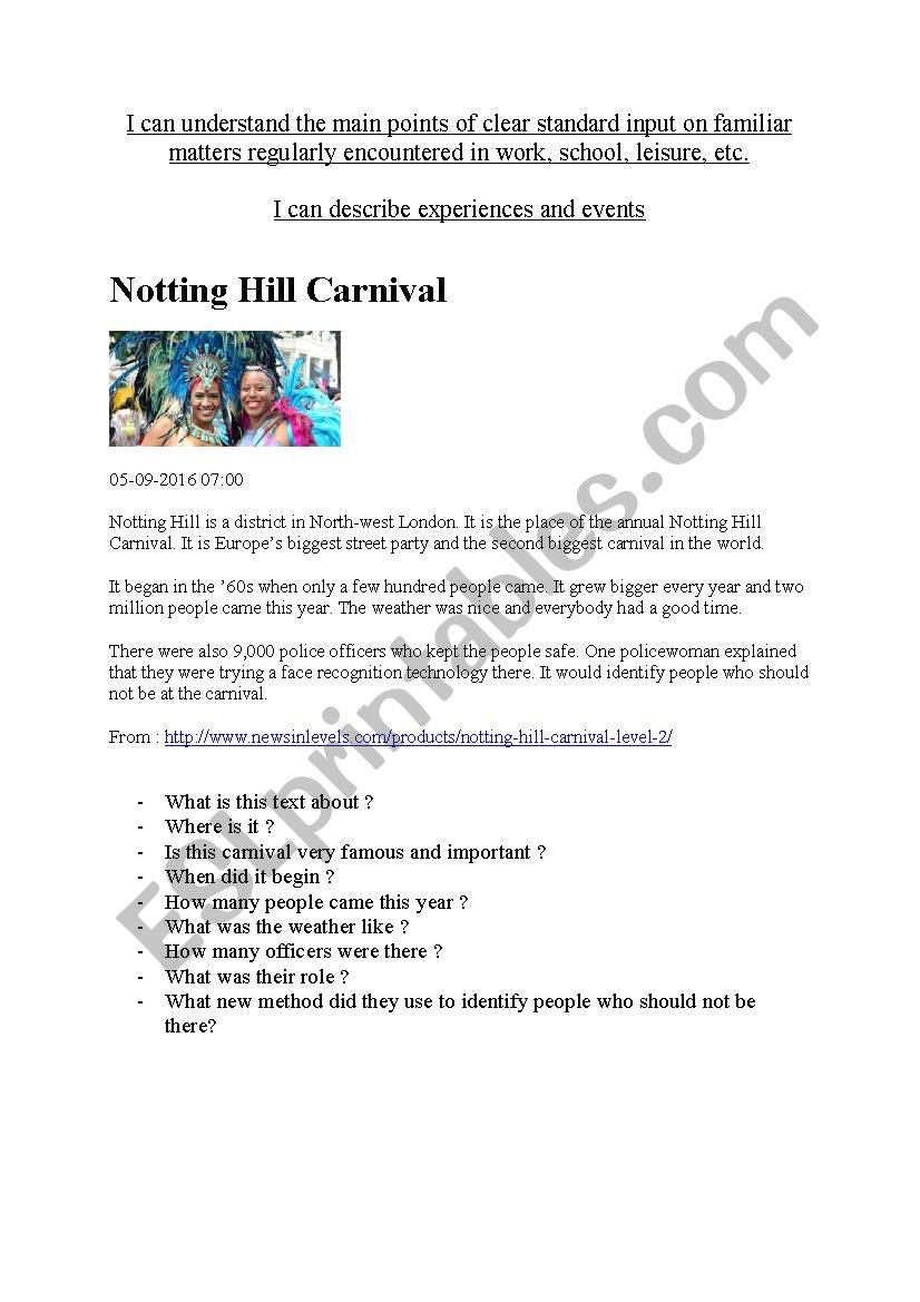 Notting Hill Carnival worksheet