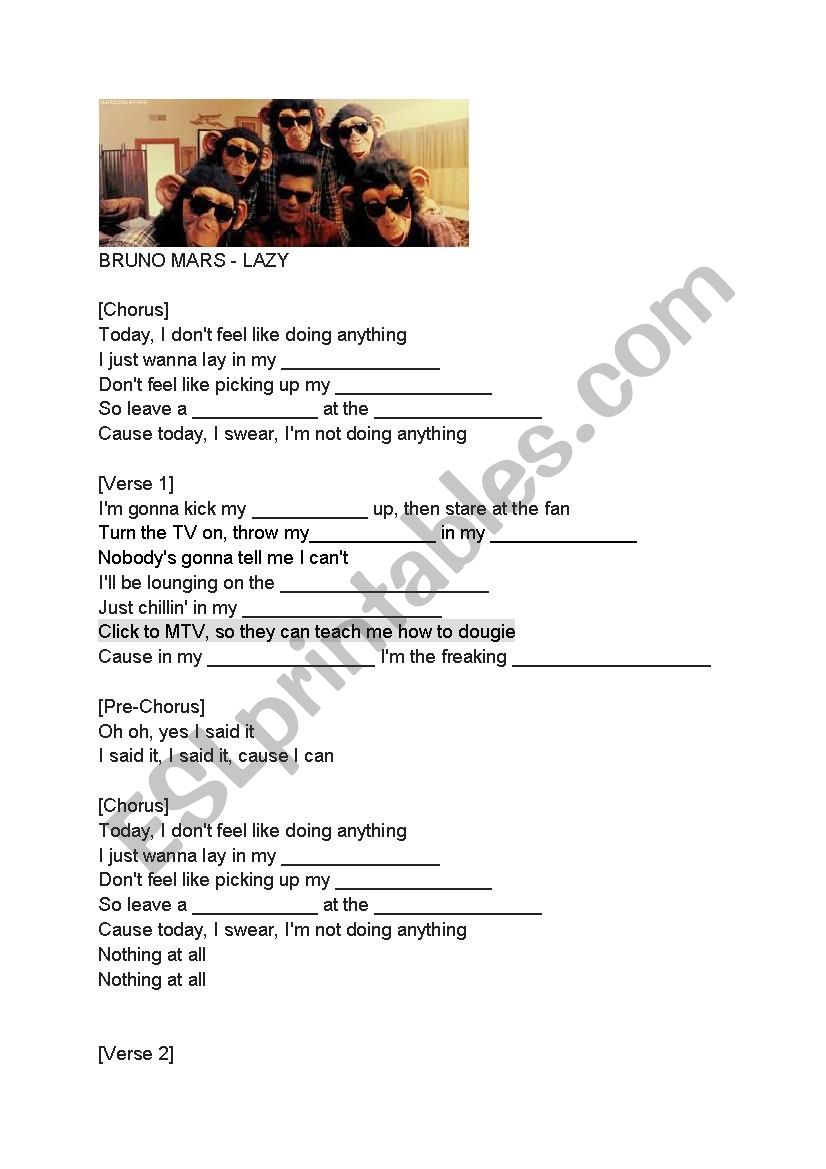 Lazy - Bruno Mars worksheet