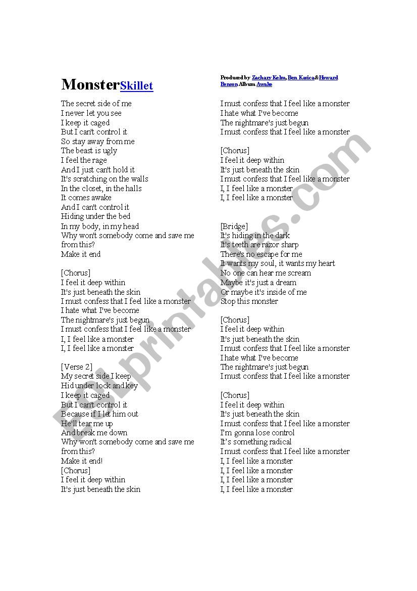 song monster by skillet worksheet