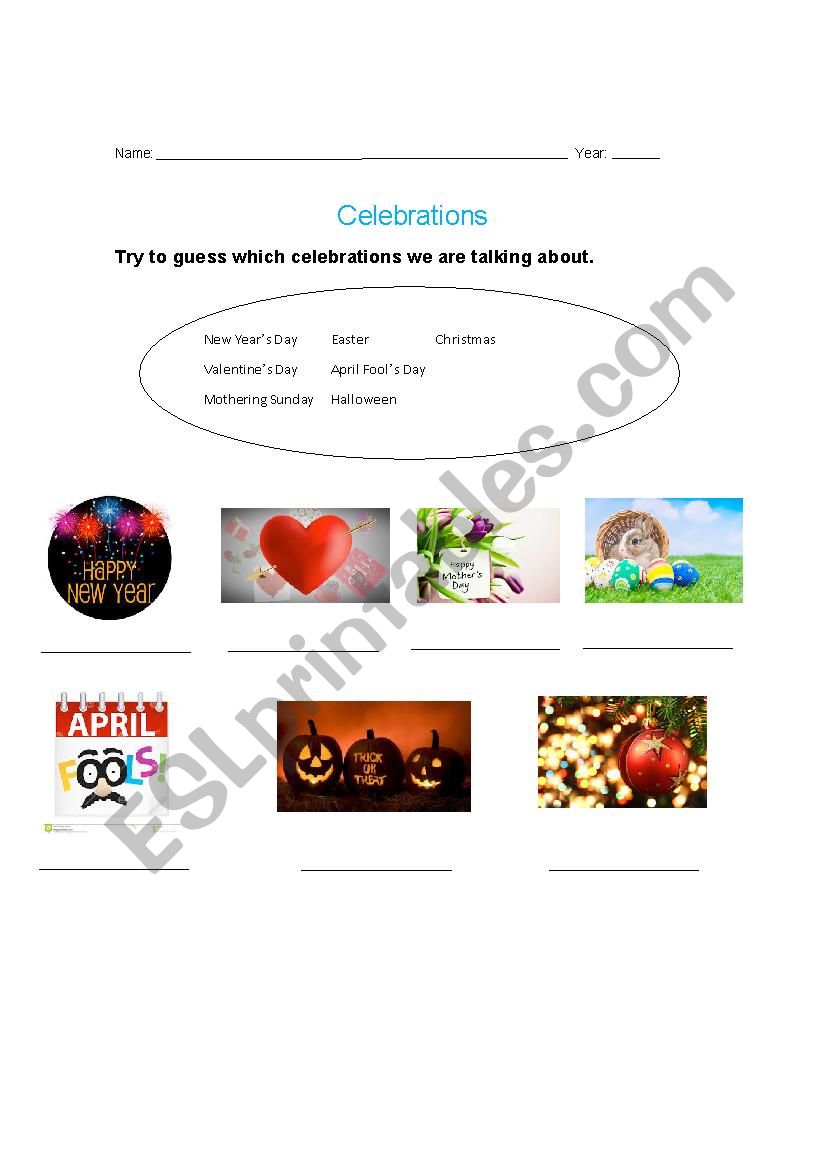 Celebrations worksheet