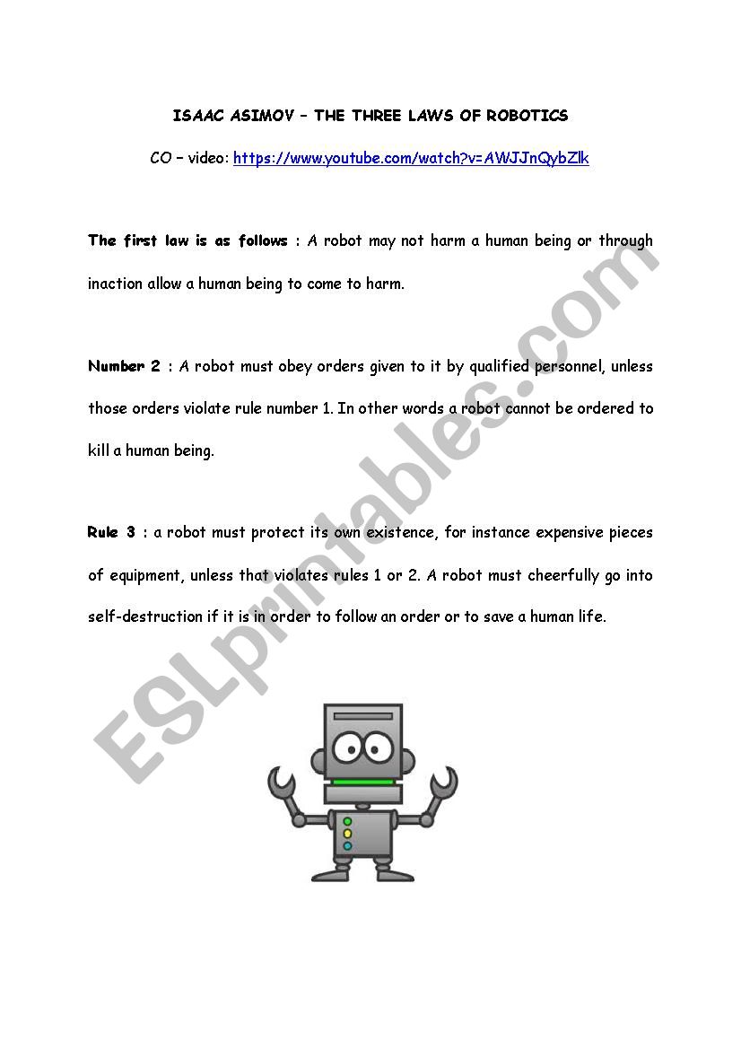 The Three Laws of Robotics - Isaac Asimov (activity answers) ESL worksheet by englishndo