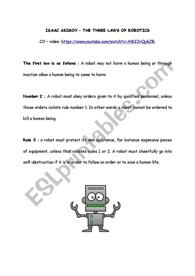 Mælkehvid kost Bliv The Three Laws of Robotics - Isaac Asimov (activity and answers) - ESL  worksheet by englishndo