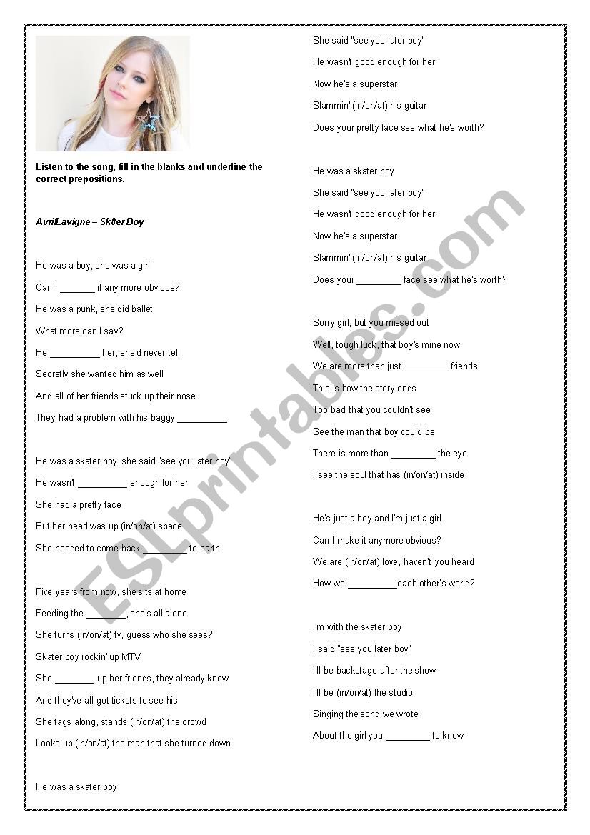 Song Worksheet - in, on and at