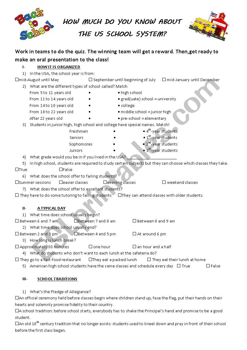 US school system quiz worksheet