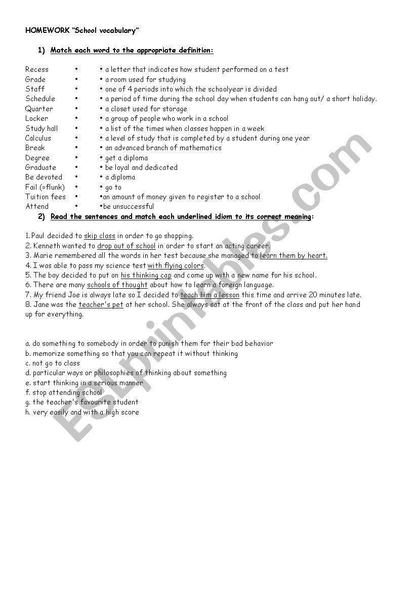 education vocabulary worksheet