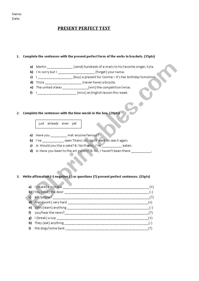 Present Perfect test worksheet