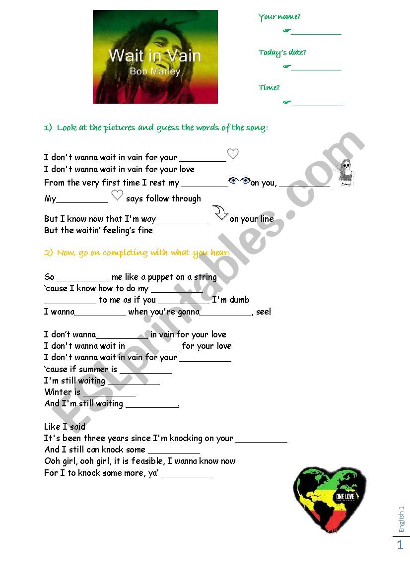 Wait in Vain -  Bob Marley worksheet