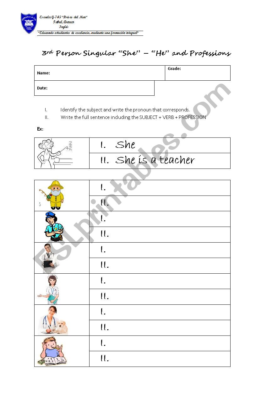 She - He and Professions worksheet