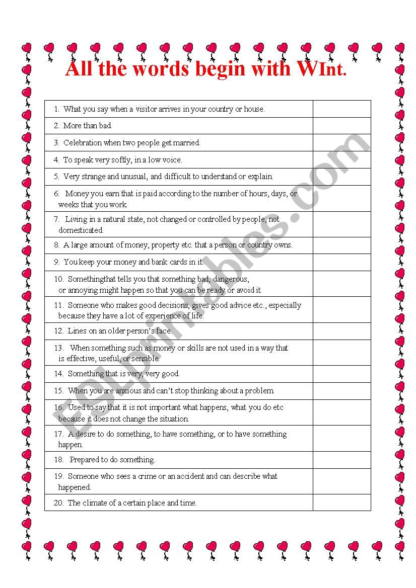 Alla the words begin with W Intermediate