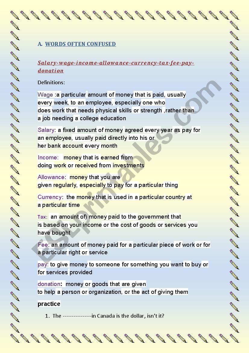 WORDS OFTEN CONFUSED worksheet