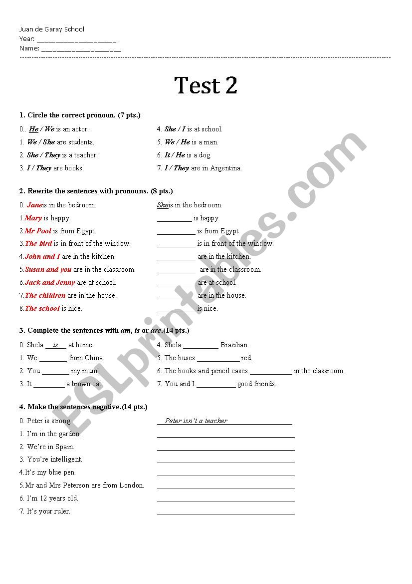 Test about personal pronouns and verb to be (affirmative and negative forms)
