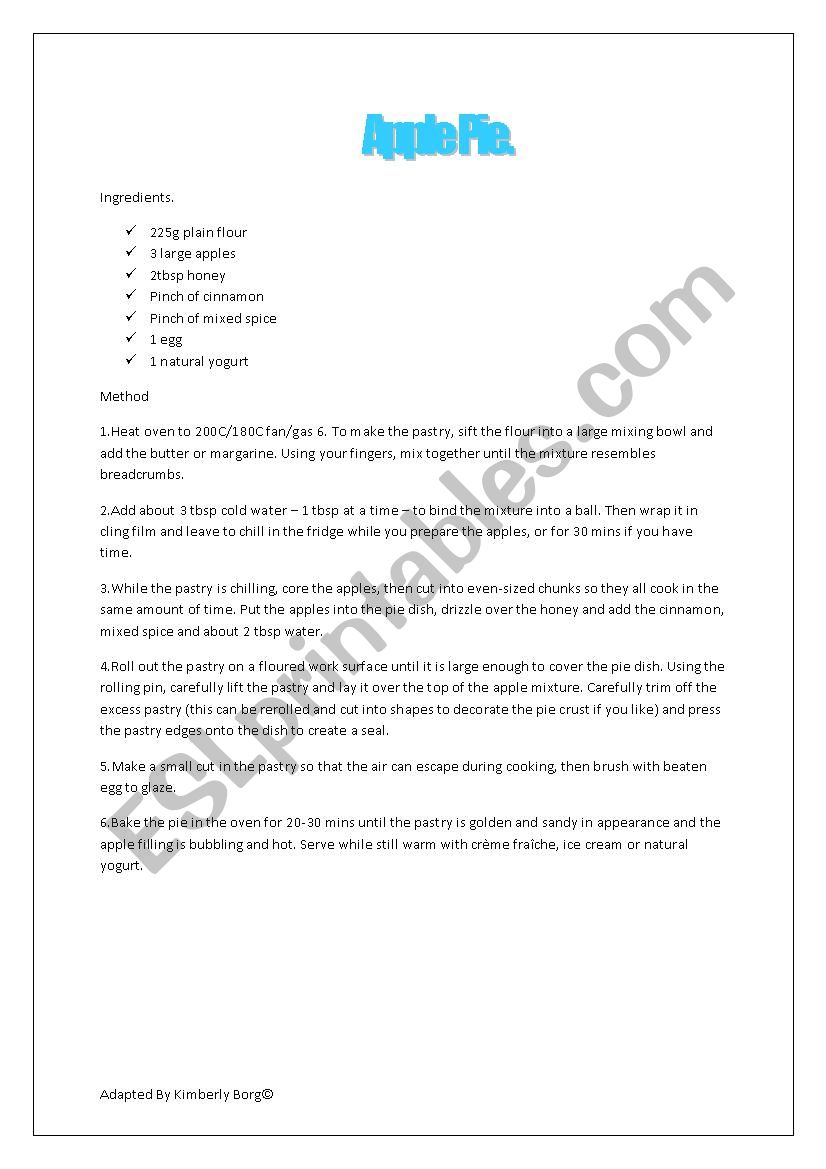 Apple Pie recipe  worksheet