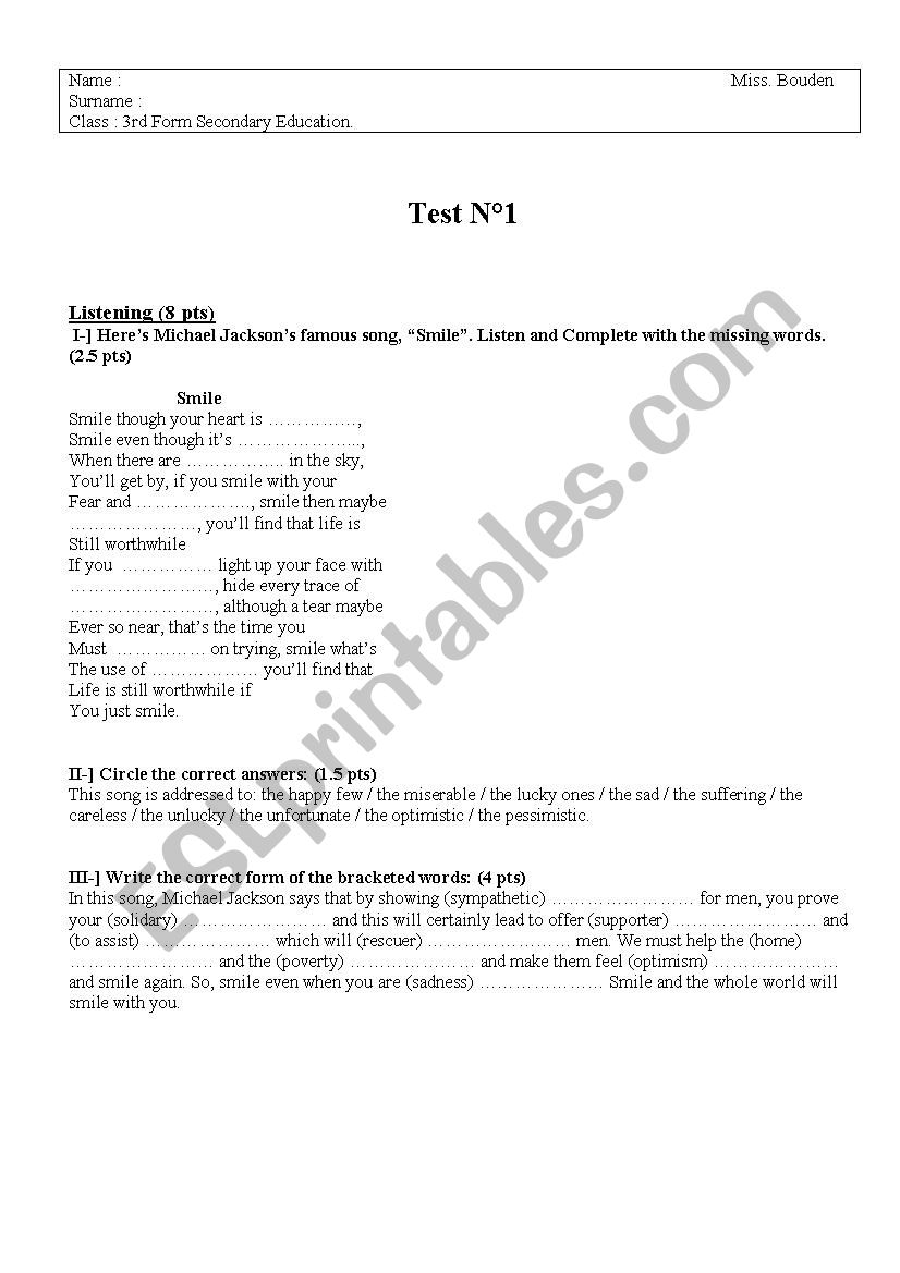 2nd Form Secondary Education ordinary test