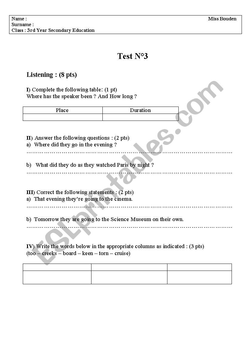 3rd Year Secondary Education	 worksheet