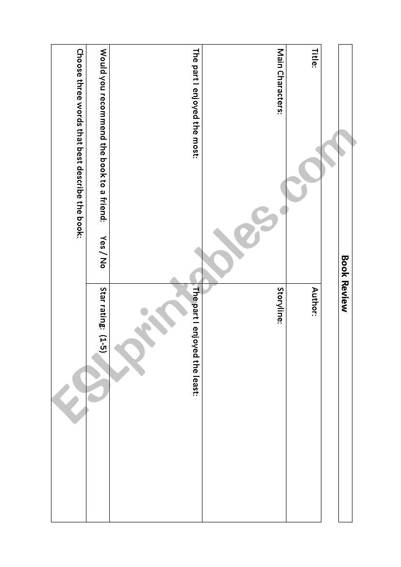 Book Review template worksheet