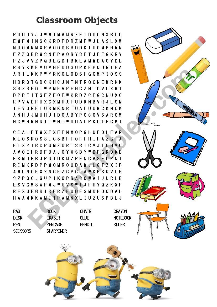 Classroom Objects Word Search worksheet