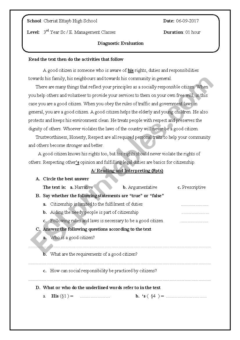 diagnostic evaluation  worksheet