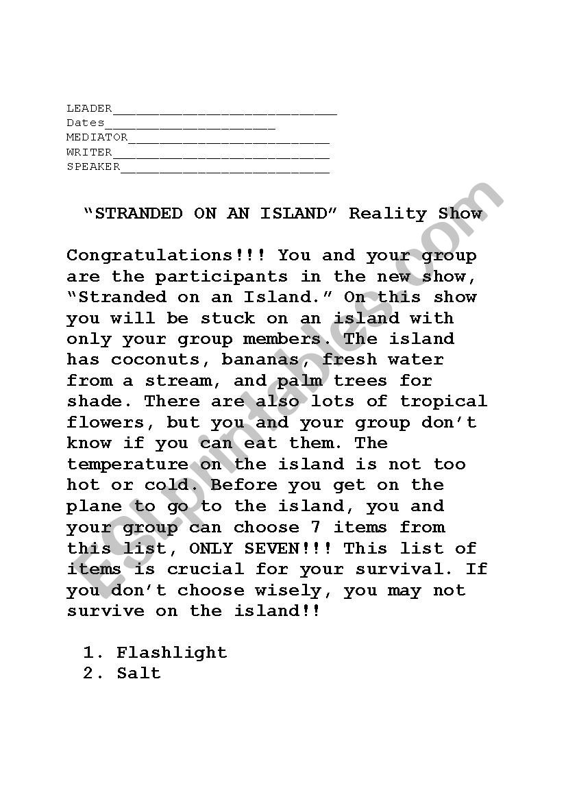 Stuck on an Island worksheet