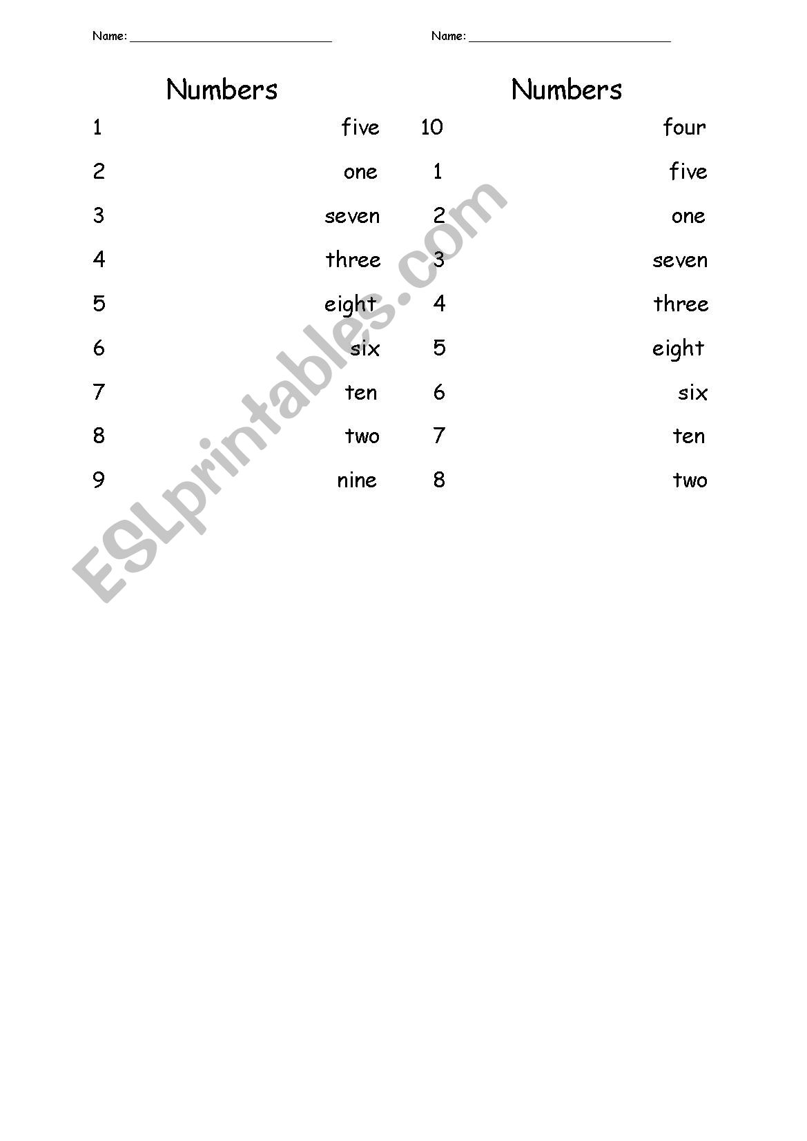 Numbers 1-10 Matching Worksheet