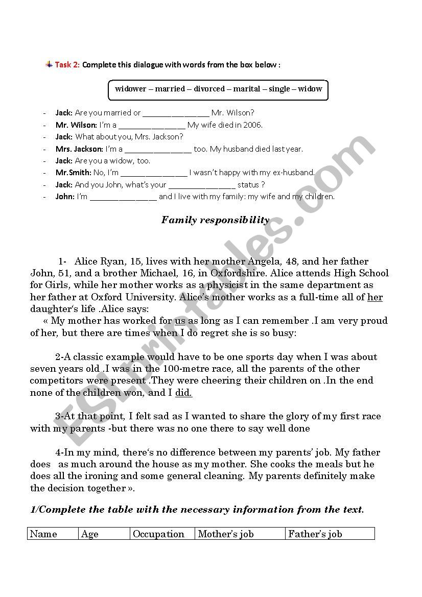 family worksheet worksheet