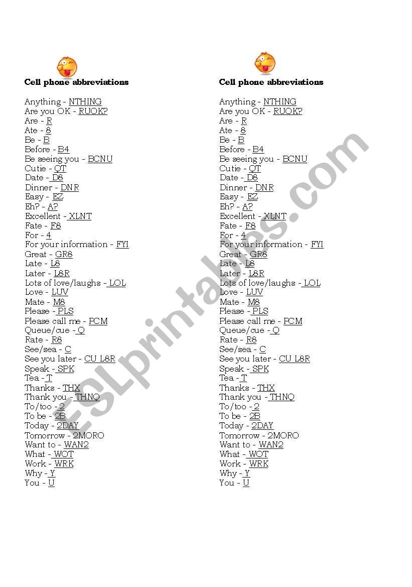 Cellphone abbreviations worksheet