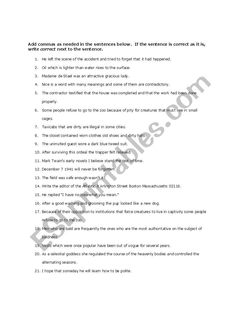 Commas Exercises worksheet