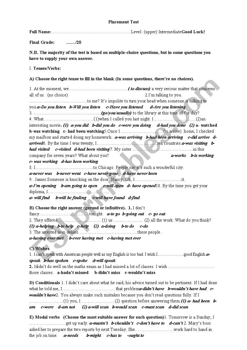 Diagnostic test worksheet