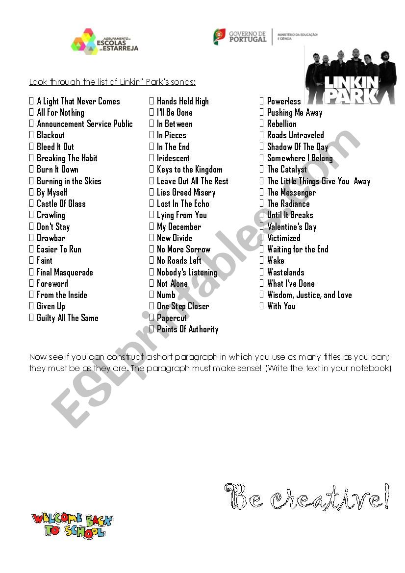 Linkin Park activity worksheet