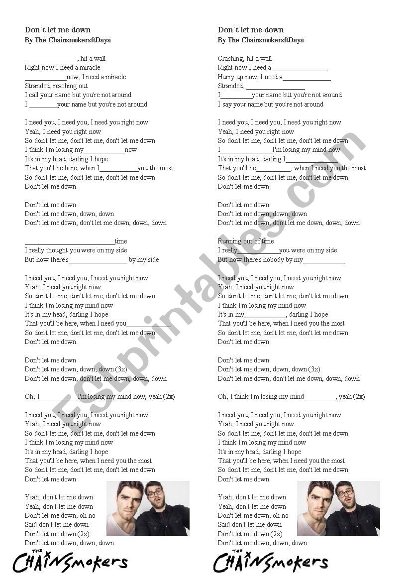 Don´t let me down - By The Chainsmokers ft Daya - ESL worksheet by ...