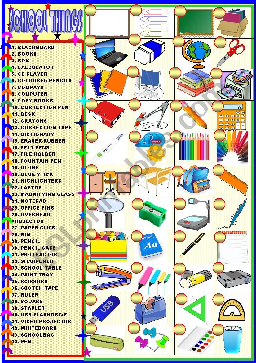 School things : matching worksheet