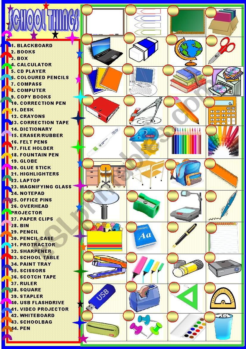 School things : matching worksheet