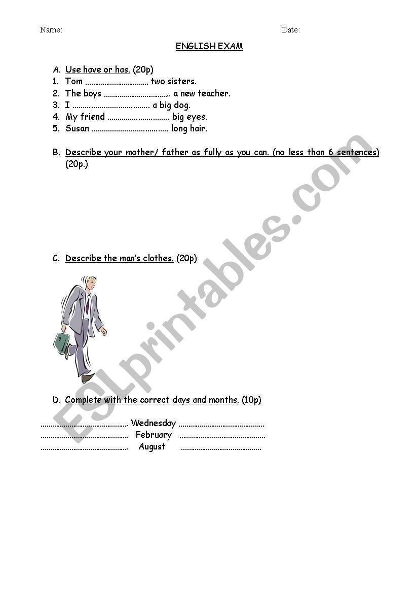 English Exam worksheet