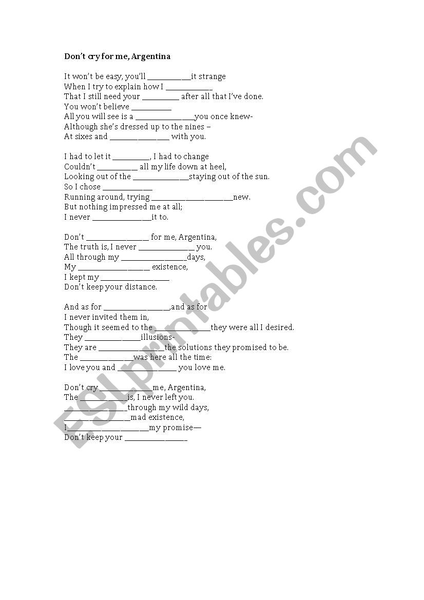 dont cry for me argentina worksheet