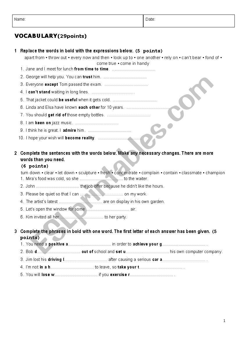 Vocabulary and Grammar diagnostic test