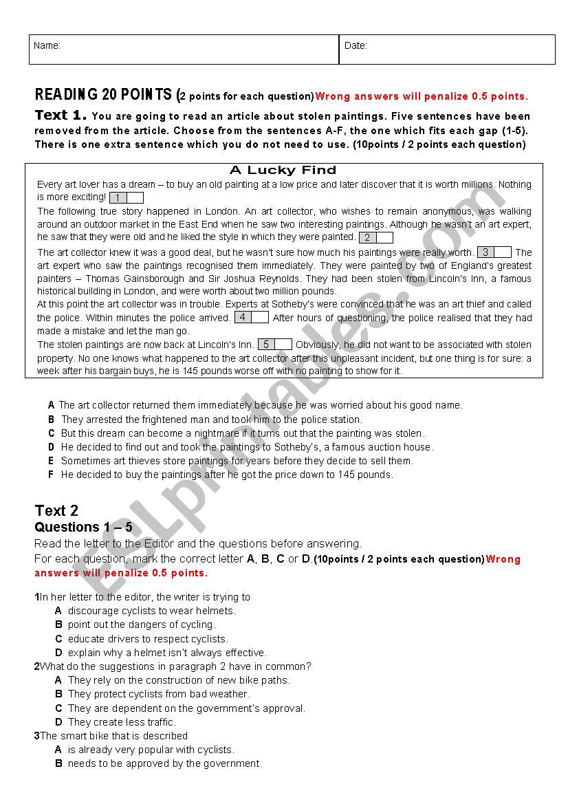 Reading diagnostic test worksheet