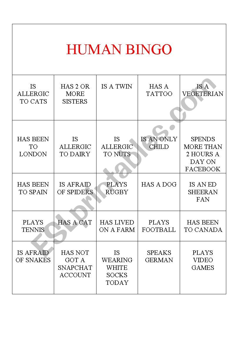human bingo worksheet